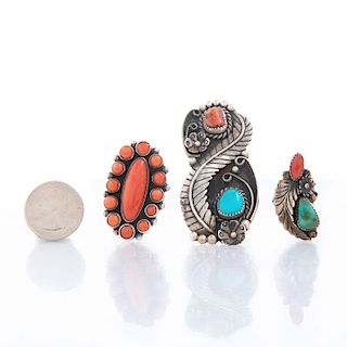 3 NATIVE AMERICAN SILVER, RED CORAL AND TURQUOISE RINGS