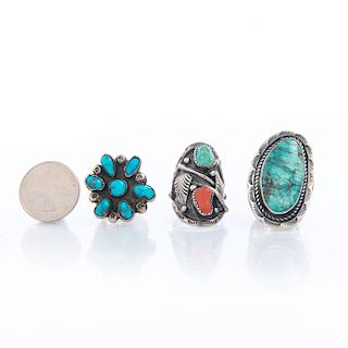 3 NATIVE AMERICAN TRIBAL SILVER AND TURQUOISE RINGS