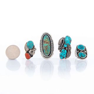 4 NATIVE AMERICAN TRIBAL SILVER AND TURQUOISE RINGS