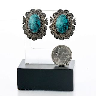 STERLING NATIVE AMERICAN CLIP EARRINGS W TURQUOISE