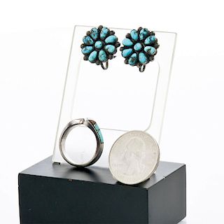 NATIVE AMERICAN SILVER TURQUOISE EARRING; SILVER RING
