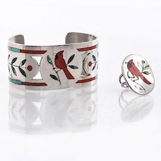 NATIVE AMERICAN CARDINAL INLAY SILVER BRACELET AND RING