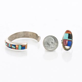 NATIVE AMERICAN SILVER AND NATURAL STONE BRACELET, RING