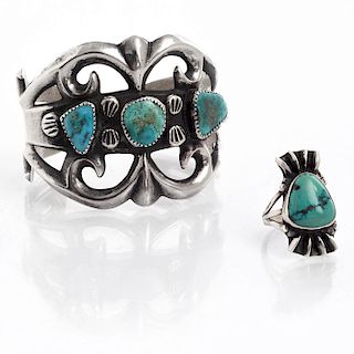 NATIVE AMERICAN TRIBAL TURQUOISE SILVER BRACELET & RING