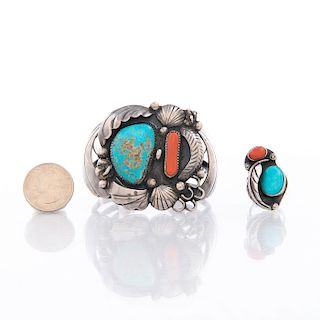 NATIVE AMERICAN TURQUOISE & CORAL SILVER BRACELET, RING
