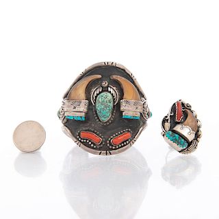 NATIVE AMERICAN TURQUOISE, CORAL & CLAW BRACELET, RING