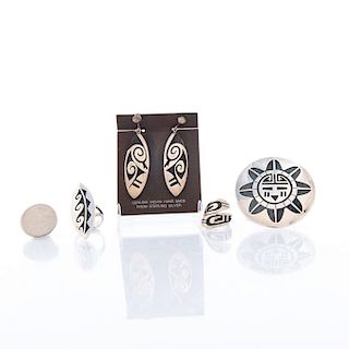 NATIVE AMERICAN SILVER EARRINGS, RINGS AND PIN
