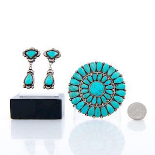 NATIVE AMERICAN TURQUOISE, SILVER EARRINGS AND PIN