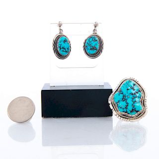 NATIVE AMERICAN TURQUOISE, SILVER RING AND EARRINGS SET