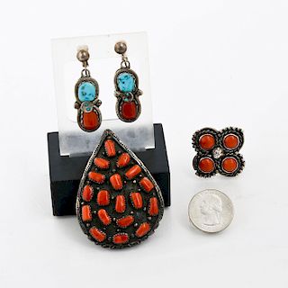 NATIVE AMERICAN RING, EARRINGS AND PIN SET