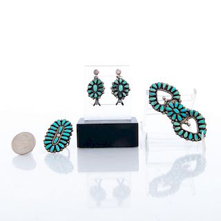 NATIVE AMERICAN SILVER TURQUOISE EARRINGS, RING, PIN