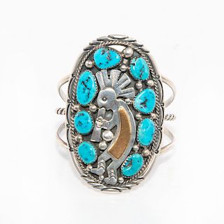TOMMY MOORE NAVAJO SILVER TURQUOISE AND GOLD BRACELET