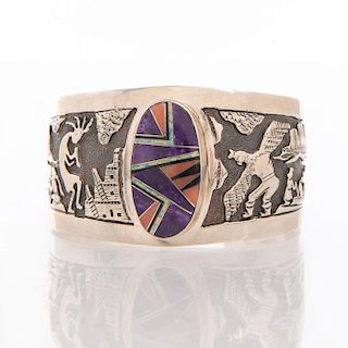 STAMPED SILVER NAVAJO BRACELET WITH STONE INLAY