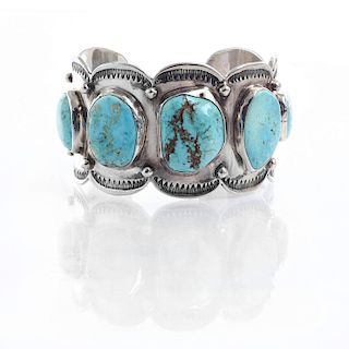 NAVAJO SILVER BRACELET WITH INSET TURQUOISE