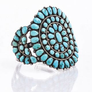 NATIVE AMERICAN SILVER, TURQUOISE CLUSTER CUFF BRACELET