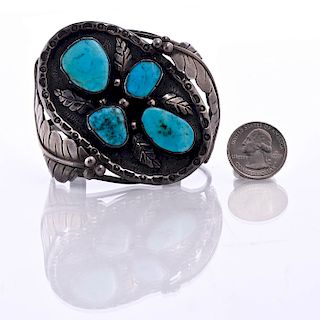 NATIVE AMERICAN SILVER, TURQUOISE CUFF BRACELET