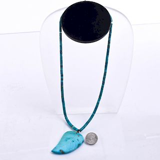 NATIVE AMERICAN TURQUOISE NECKLACE W. LEAF, ROUND BEADS