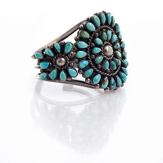 NATIVE AMERICAN SILVER AND TURQUOISE CLUSTER CUFF