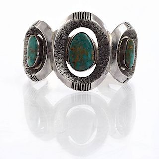NATIVE AMERICAN 3 STONE SILVER AND TURQUOISE CUFF