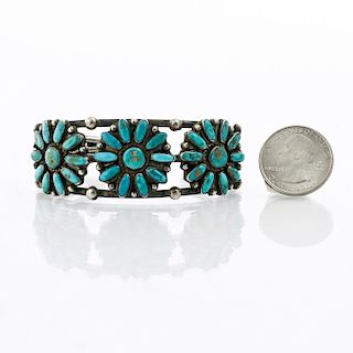 NATIVE AMERICAN SILVER, TURQUOISE FLORAL CLUSTER CUFF