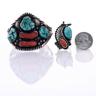 NATIVE AMERICAN SILVER TURQUOISE CORAL CUFF AND RING