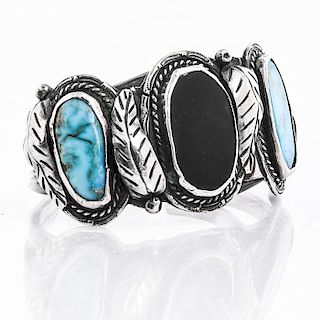 NATIVE AMERICAN SILVER, TURQUOISE AND OBSIDIAN CUFF
