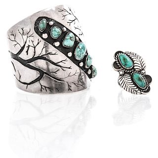 NATIVE AMERICAN SILVER TURQUOISE CUFF AND RING