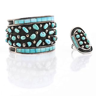 JOBETH MAIZE, ZUNI, SILVER TURQUOISE CUFF AND RING