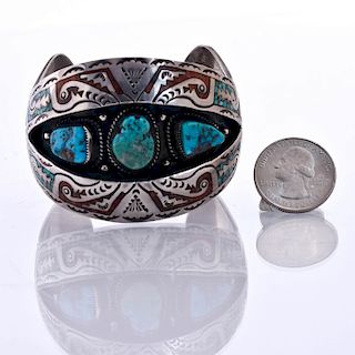 B.NEZ NAVAJO TURQUOISE AND CORAL CUFF