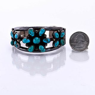 NATIVE AMERICAN SILVER TURQUOISE CLUSTER CUFF