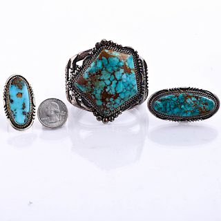 NATIVE AMERICAN STERLING TURQUOISE CUFF, 2 MATCHED RINGS