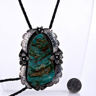 NATIVE AMERICAN SILVER TURQUOISE ROPE BOLO TIE
