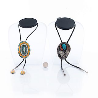 2 NATIVE AMERICAN TRIBAL SILVER AND TURQUOISE BOLO TIES