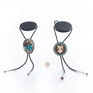 2 NATIVE AMERICAN TURQUOISE, MOTHER OF PEARL BOLO TIES