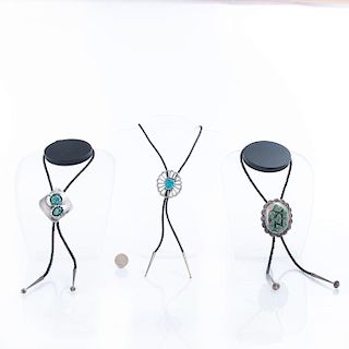 3 NATIVE AMERICAN SILVER AND TURQUOISE BOLO TIES
