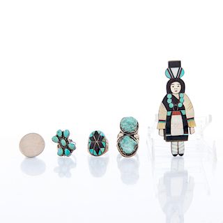 NATIVE AMERICAN SILVER, TURQUOISE, STONE RINGS, PIN