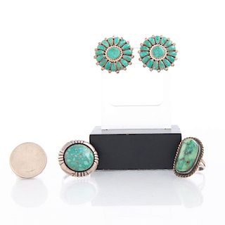 NATIVE AMERICAN SILVER AND TURQUOISE RINGS AND EARRINGS