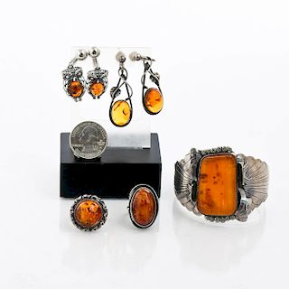 2 RINGS, 2 EARRINGS, 1 CUFF; AMBER, SILVER NATIVE CRAFT