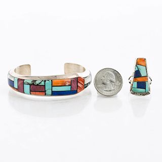 ALVIN YELLOWHORSE INLAY STERLING SILVER CUFF AND RING