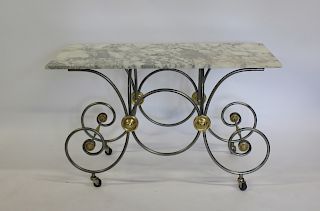 Antique Steel , Brass And Marbletop Bakers Table.