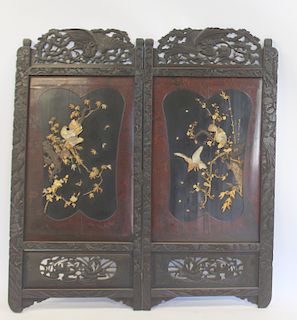 Antique Japanese 2 Panel Screen With Hardstone