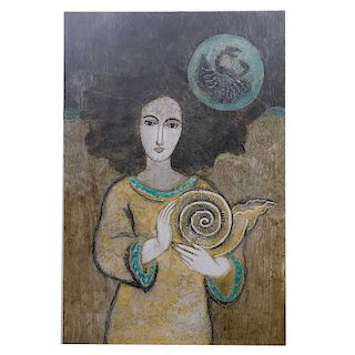 Firma no identificada. Personaje femenino con caracola. Grabado en aguatinta sobre papel, P/T. Firmado y fechado 1998. 88 x 59 cm