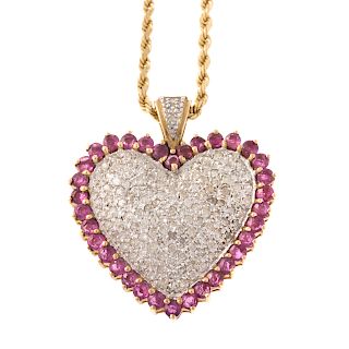 A Ruby & Diamond Heart Pendant on Chain in Gold