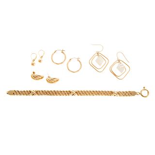 Four Pair of Earrings & Bracelet in 14K Gold