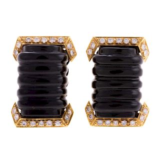 A Pair of Carved Onyx & Diamond Earrings in 18K