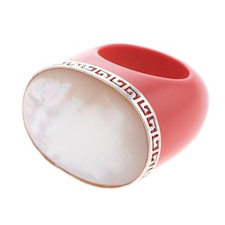 A Carved Coral and Mother of Pearl Ring