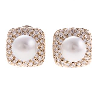 A Pair of 18K Pearl & Diamond Earrings by M. Stowe