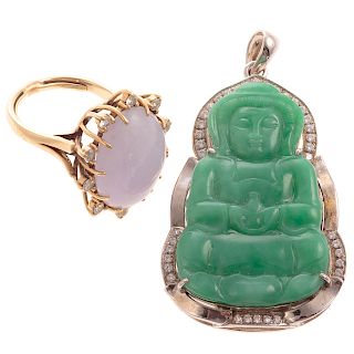 A Lavender Jade Ring & Jade Buddha Pendant