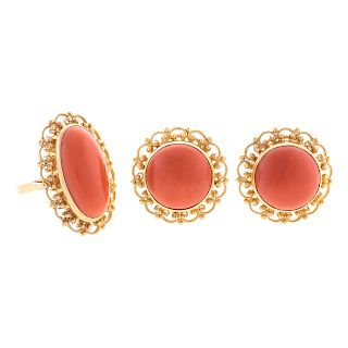 A Ladies Coral Earrings and Ring in 22K Gold