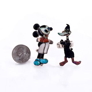 ZUNI SILVER, OPAL MICKEY MOUSE RING; DAFFY DUCK RING